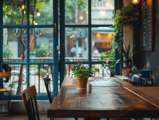 Cozy cafe interior with wooden table, potted plant, and warm lighting, ideal for urban dining and relaxation
