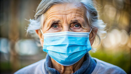 Elderly woman with concerned expression wears a blue medical mask to protect herself from airborne pathogens in a quiet serene background atmosphere.