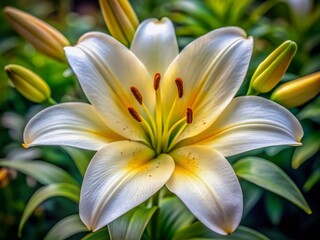 Fototapeta premium Vibrant yellow anthers bursting with pollen surround delicate white filaments in the intricate, textured center of a serene lily flower's reproductive masterpiece.
