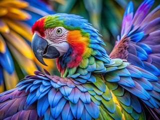 Fototapeta premium Vibrant blue and purple feathers of a macaw spread out in a stunning display of colorful plumage, with intricate patterns and textures rendered in high detail.