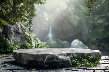 Round stone podium in the forest background for product platform 