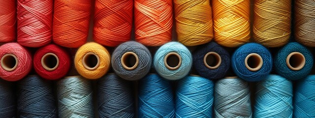 A collection of various thread spools in bright colors, displayed artistically. Ideal for sewing enthusiasts and textile crafts, showcasing creativity and diversity.