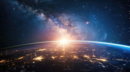 Nighttime view of Earth from space, city lights shining on land, with a galaxy and sun in the background.