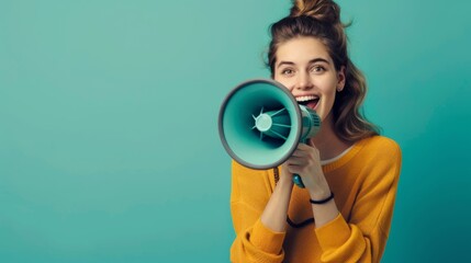 Fototapeta premium Person holding a megaphone and smiling with a solid cyan background