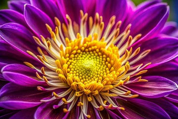 Vibrant purple petals with intricate textures and delicate veins unfold from a golden yellow center in this stunning close-up of a exotic blooming flower.