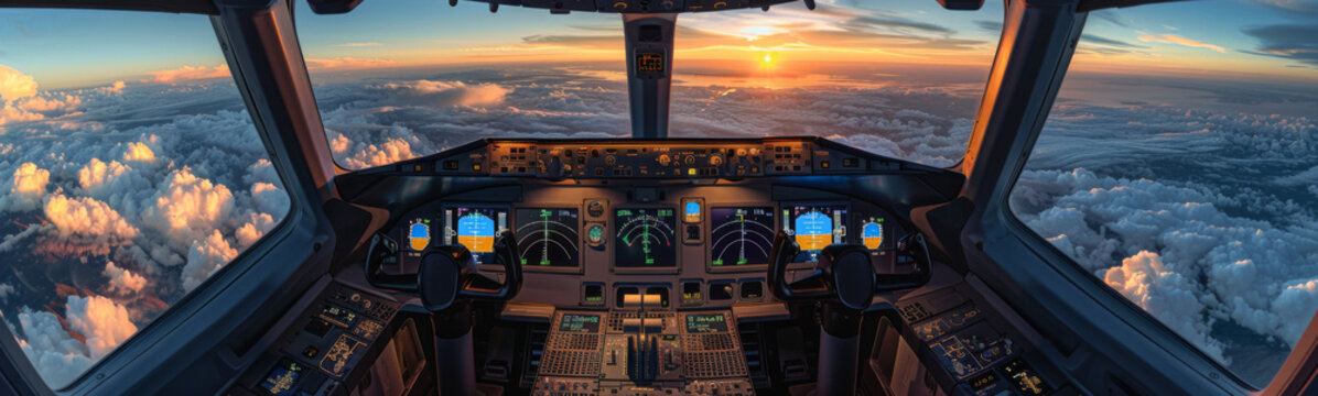 Airplane cockpit view at sunset, showcasing modern avionics and the breathtaking sky from a pilot's perspective.