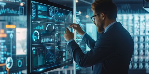 A businessman in a smart suit, analyzing big data on a transparent digital screen in a state-of-the-art office