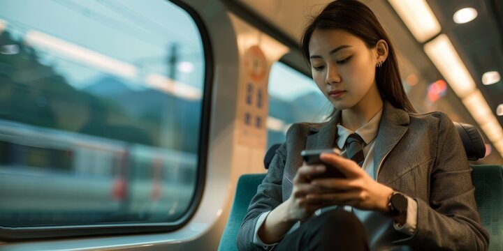 A businesswoman using a smartwatch to manage schedules and tasks while commuting on a high-speed train - Powered by Adobe