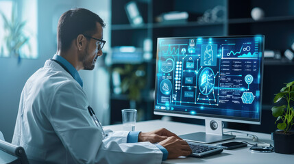 Fototapeta premium Male doctor analyzing complex medical data on a computer screen, highlighting modern healthcare technology and data analysis.