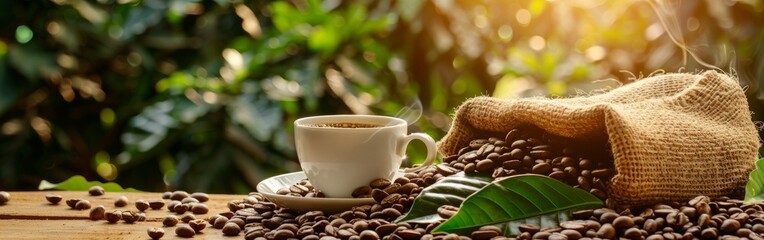 Steaming coffee cup next to a burlap sack filled with coffee beans, set on a rustic table in a garden, wide web banner