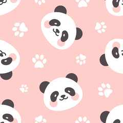 Panda bear cute face with footprints texture, kids baby pink color woodland animals seamless pattern for wrapping paper, fabric and textile print.