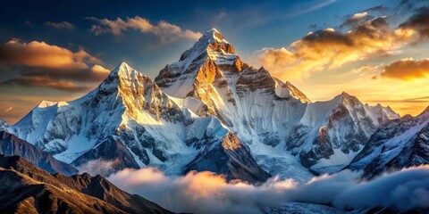 Majestic Snowy Peak at Sunrise, Himalayan Mountains, Landscape Photography, Golden Clouds © Yellow Blossom