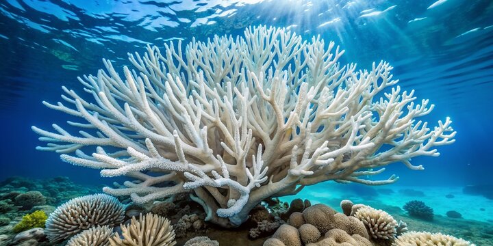 Vibrant blue ocean water surrounds a stark, bleached white coral formation, its delicate branches and intricate details eerily devoid of life and color. - Powered by Adobe