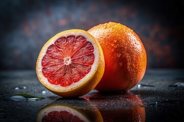 Grapefruit isolated. Pink grapefruit whole, half, slice on black background. Grapefruit slices with zest isolate. With clipping path. Full depth of field.
