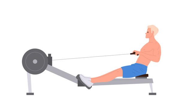 Young sportsman isolated cartoon character doing cardio fitness exercise using rowing machine