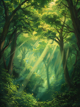 Dense forest with rays of sunlight filtering through the trees
