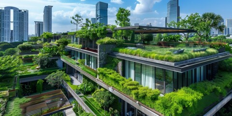 A rooftop garden oasis in a bustling metropolis, providing green space and relaxation amidst city hustle