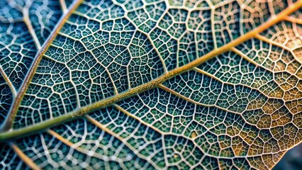 Delicate, intricate network of veins and cells in a dewy leaf skeleton, showcasing nature's lace-like patterns in a mesmerizing macro photography texture background.