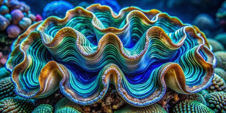Vibrant giant clam shell texture resembles exotic mushroom caps on a serene blue background, showcasing intricate patterns and swirling shapes in stunning macro detail.