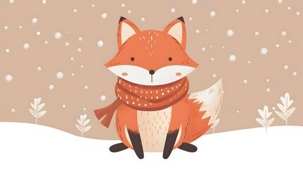 Cozy Cartoon Fox in Warm Winter Scarf with Seasonal Colors and Simple