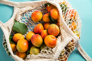 Ripe apricots in a string bag on a single background