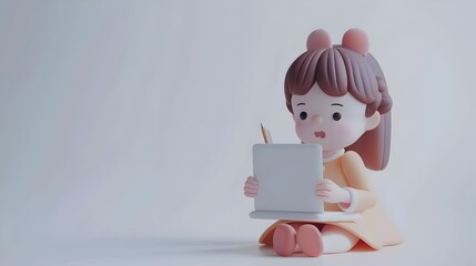 Obraz premium Adorable Clay Woman Writing Notes on Laptop with Muted Pastel Tones and Subtle Gradients