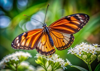 Fototapeta premium Vibrant orange and black striped butterfly rests delicately on white flower petals, blurred background emphasizing its intricate wings and gentle interaction with nature's beauty.