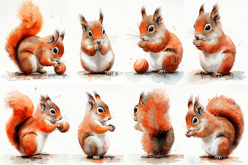 Fototapeta premium A watercolor set of funny squirrels. A collection of cute animal illustrations.