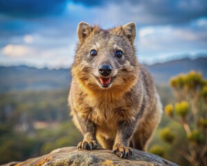 Naklejka premium Fierce carnivorous marsupial with distinctive facial features, sharp teeth and spotted brown fur, standing on rocky outcrop, set against blurred wilderness landscape.