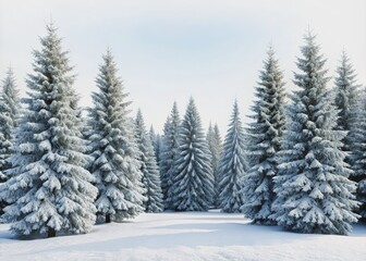 Snow-covered evergreen trees surround a frosty forest scene with a natural frame of branches, set against a clean white background with ample copy space.
