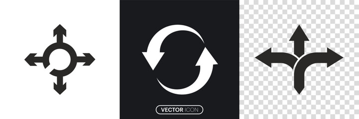 Three-way direction arrows, Black rotation arrow icon set. Roundabout sign, Circle arrow, Rotation arrow Symbol icon. vector illustration. © Sanduni Concept 