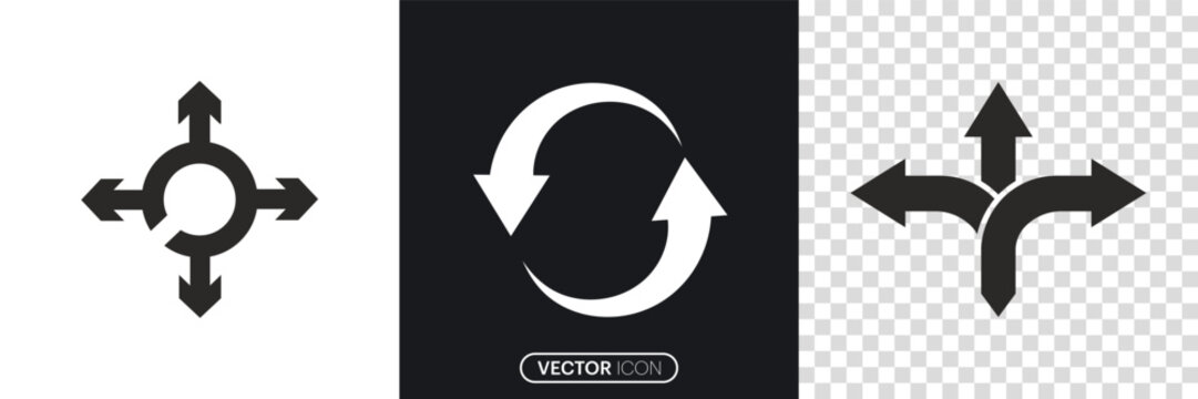 Three-way direction arrows, Black rotation arrow icon set. Roundabout sign, Circle arrow, Rotation arrow Symbol icon. vector illustration.