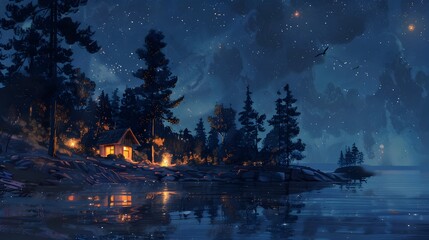 Fototapeta premium Remote Island Camping with Starry Night Reflection on Tranquil Lake