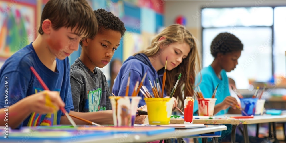 Poster middle school students working on art projects with paint and brushes in an art classroom filled wit