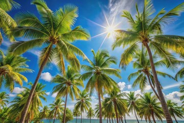 Sunny tropical getaway atmosphere with palm trees swaying gently against a clear blue sky on a warm summer day, perfect for friendship and relaxation.