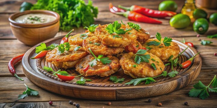 Vibrant ukoy crispy shrimp and vegetable fritters served on a rustic wooden plate, garnished with fresh herbs, on a distressed wooden table, evoking a sense of rustic charm.