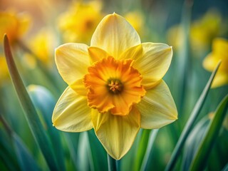 Fototapeta premium Vibrant yellow daffodil bloom with delicate trumpet-shaped center and ruffled petals, set against a soft, blurred green background, showcasing intricate details and textures.
