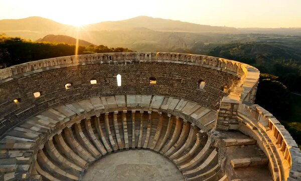 Create a visual exploration of an ancient Greek amphitheater, with its weathered stone steps and acoustically perfect design, perfect for historical 4K hyperrealistic video.