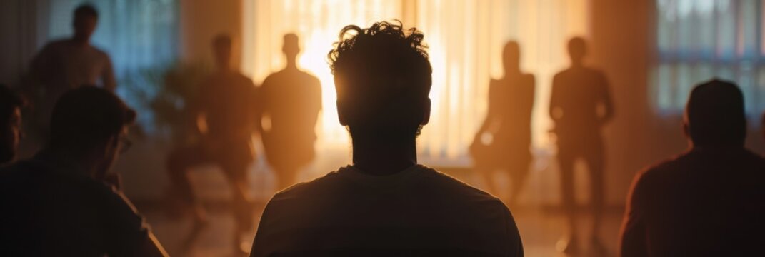 A young man is sitting in the center of his group therapy session, with other people standing around him and talking to each other The focus on the back view captures their silhouettes Generative AI