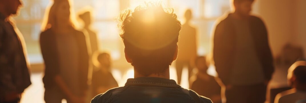 A young man is sitting in the center of his group therapy session, with other people standing around him and talking to each other The focus on the back view captures their silhouettes Generative AI