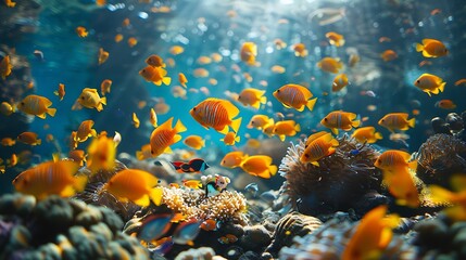 Fototapeta na wymiar A crystal-clear underwater scene with tropical fish swimming among coral reefs 