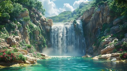 A dramatic waterfall cascading down a rocky cliff into a serene pool 