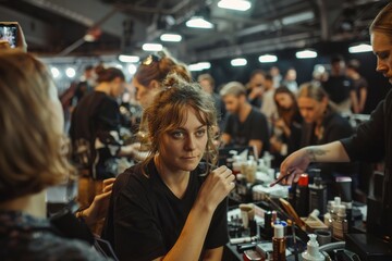A focused woman gets ready backstage with a makeup team, preparing for a performance or event, showcasing the dedication and teamwork behind the scenes.