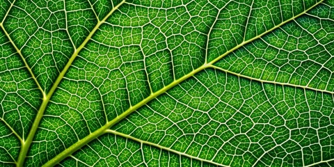 Fototapeta premium Vibrant green leaf texture showcasing intricate network of veins and cells in breathtaking macro detail, ideal for natural backgrounds or scientific illustrations.