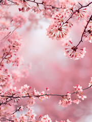 Obraz premium Soft pink background with central blank space, edged by gently curving branches cherry blossoms