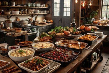 An inviting dining table spread with an array of hearty Thanksgiving dishes including casseroles, meats, breads, and vegetables, all set in a warm and cozy kitchen.