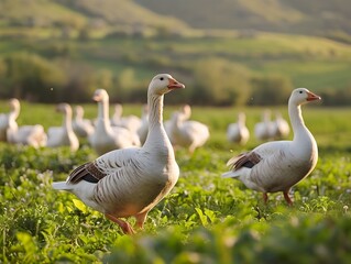 Fototapeta premium Flock of Geese Foraging in Lush Pastoral Field Demonstrating Natural Farming Practices