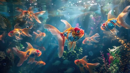 Fish with delicate, fairy-like wings swimming in a magical underwater realm