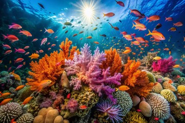 Fototapeta premium Vibrant coral reef teems with exotic marine life, including sea fans, brain coral, and schools of anthias, amidst a kaleidoscope of colors and subtle sunlight filtering down.