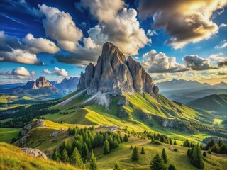 Serene landscape featuring a rugged rocky mountain peak with a panoramic view of rolling hills, blue sky, and scattered clouds, perfect for introspection.